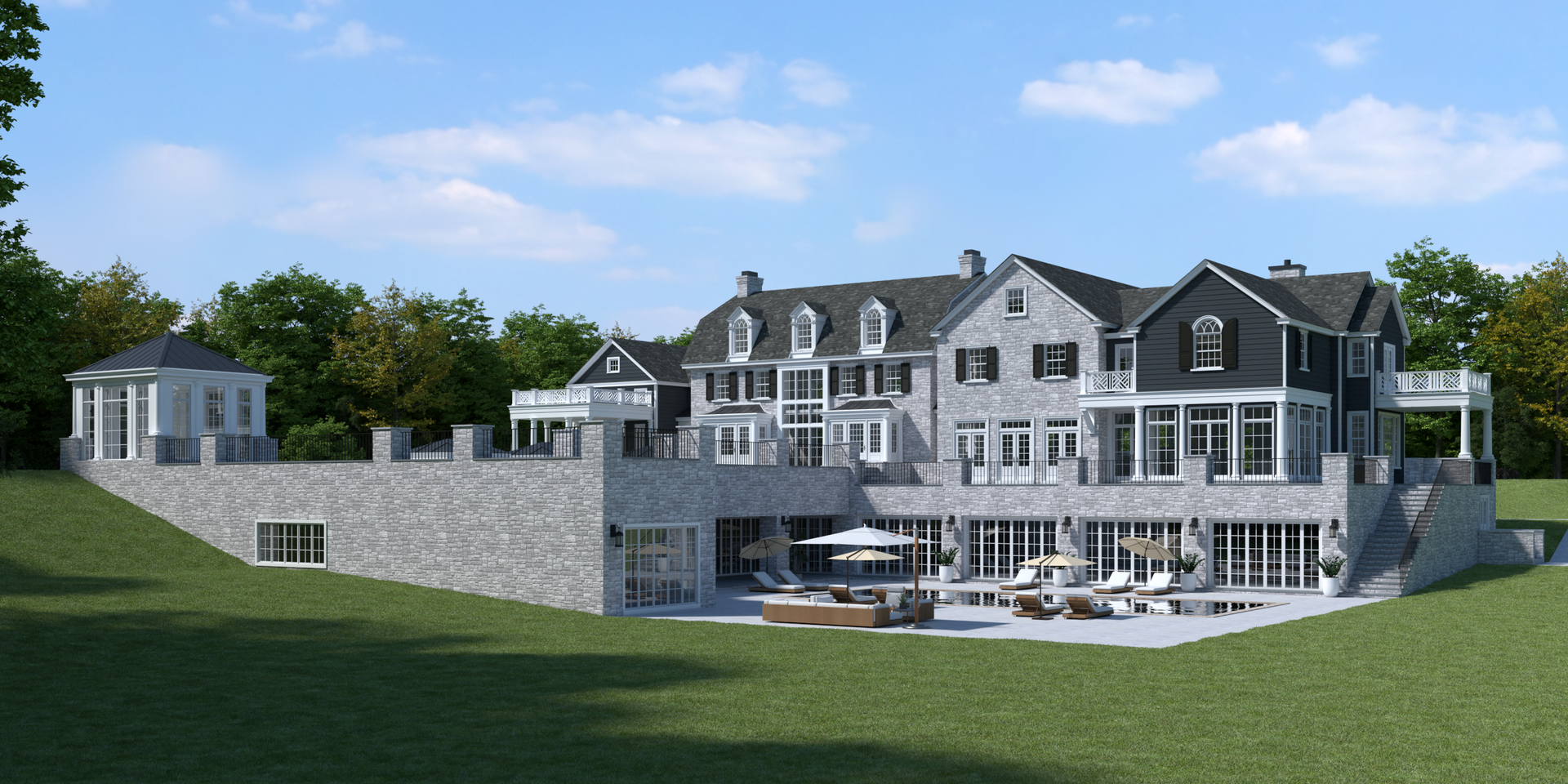 Rear rendering of luxury home with expansive patio and outdoor lounge area, featuring multi-level brick exterior