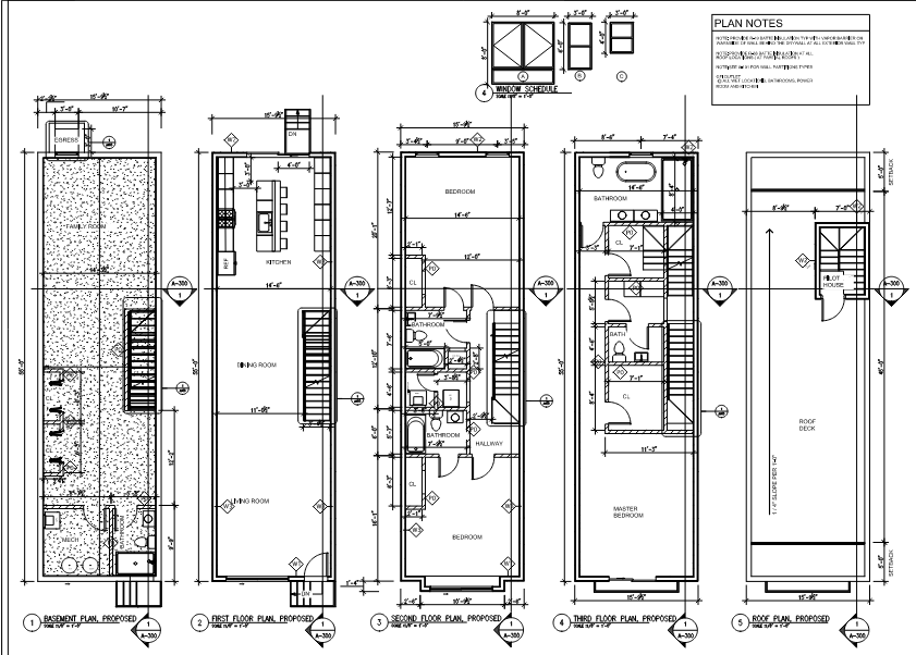 Multi-level blueprint including kitchen, bedrooms, and living spaces with construction annotations