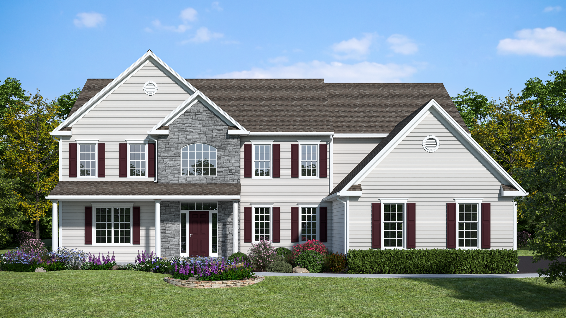 Close-up architectural rendering showing modernized entry facade with stone accents and burgundy shutters