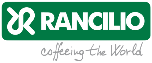 Logo Rancilio: testo ed emblema bianchi su sfondo verde con lo slogan "coffeeing the world" sottostante.