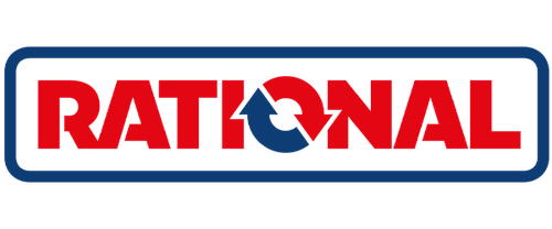 Logo RATIONAL in rosso e blu all'interno di una cornice blu arrotondata.