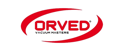 Logo ORVED Vacuum Masters in rosso e nero con un disegno a forma di onda rossa.