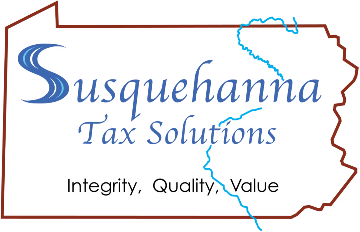 Logo for Susquehanna Tax Solutions in a Pennsylvania outline, with text and a blue river graphic.