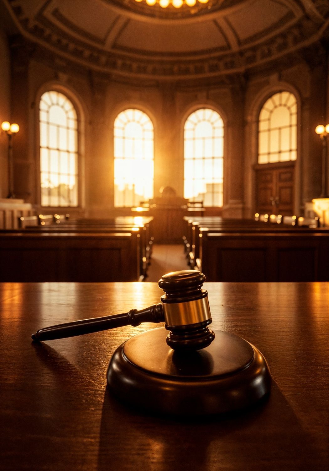 Gavel on a wooden table in a courtroom. Sunlight streams through large arched windows in the background.