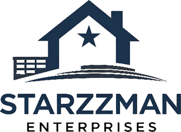 Logo for Starzzman Enterprises, a home construction and repair business; dark blue house graphic, phone number, address, and David Parker's name.