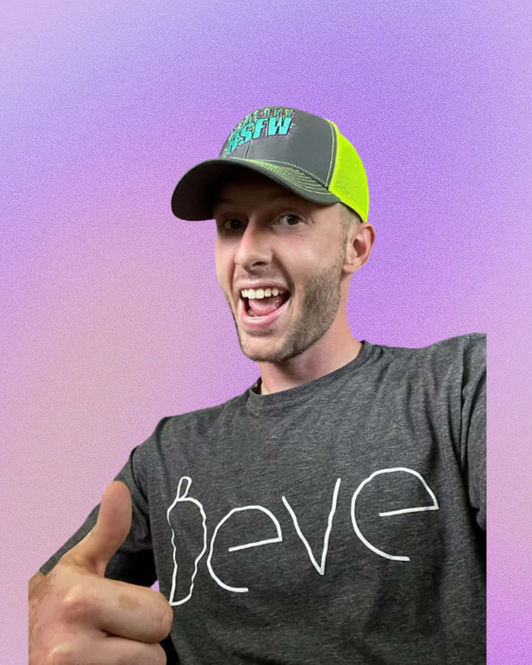 A man wearing a hat and a shirt that says deve is giving a thumbs up