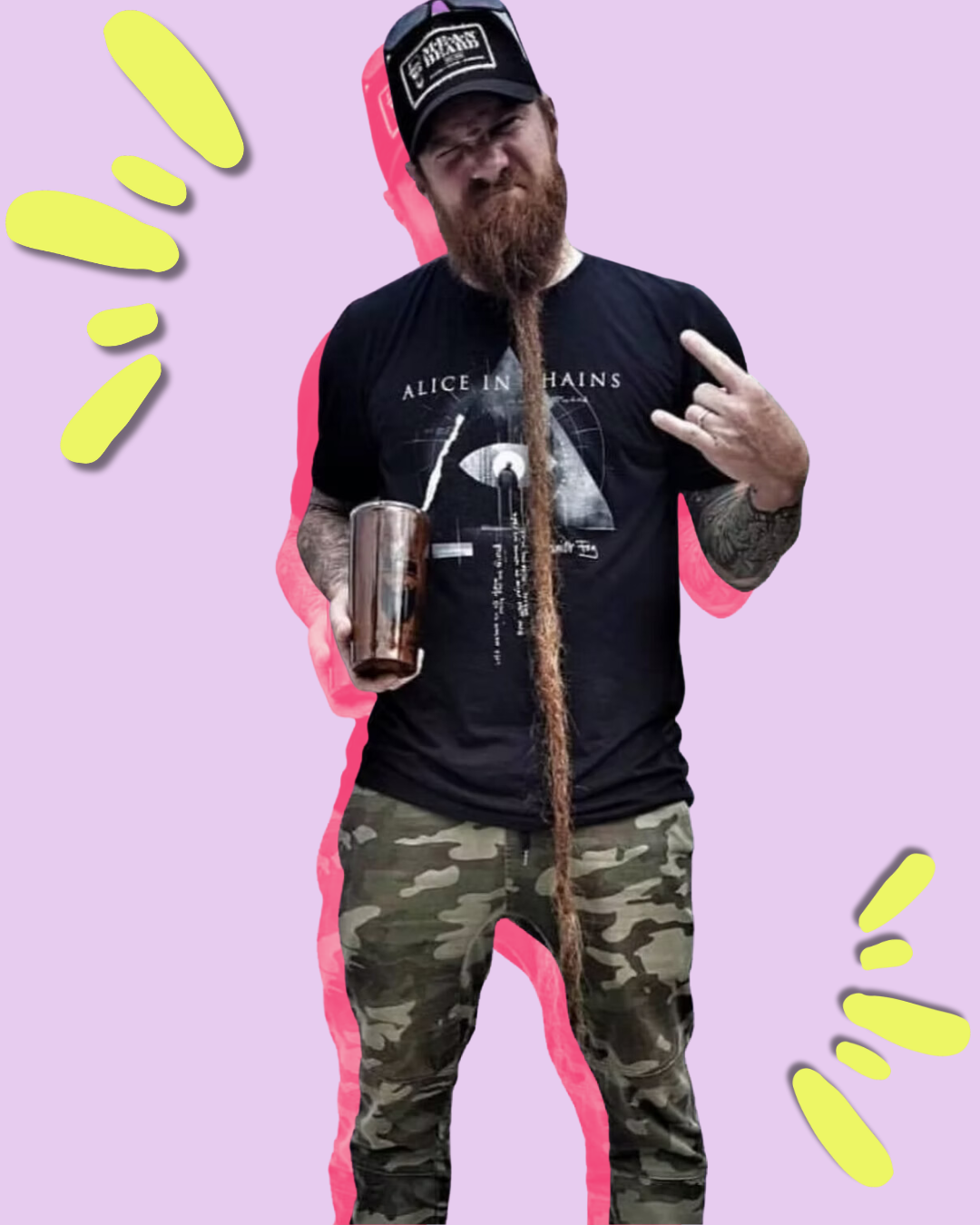 A man with a beard wearing a black shirt that says alice on it