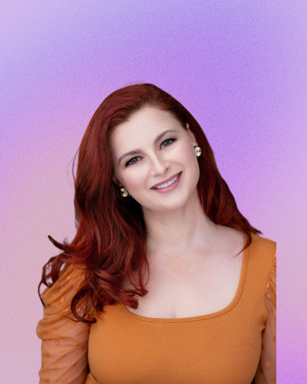 A woman with red hair is smiling in front of a purple background