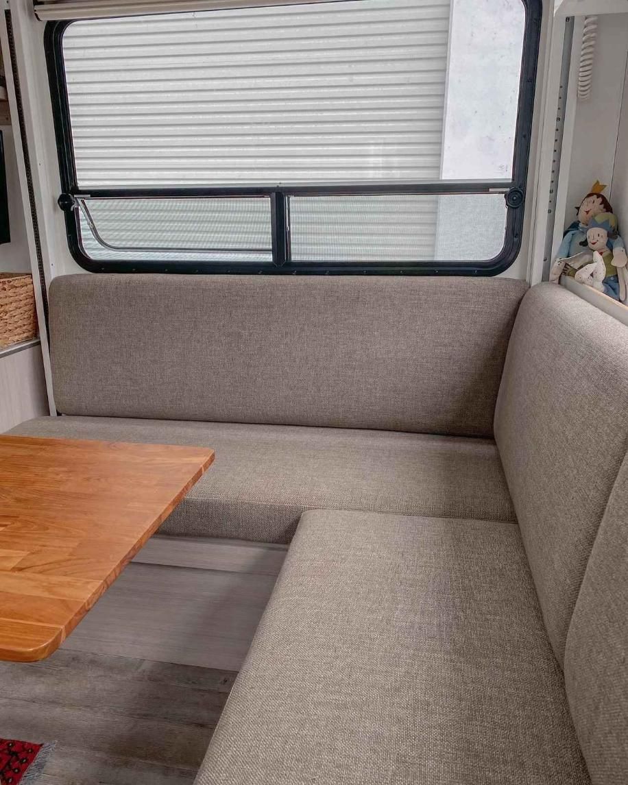 U-shaped Rv Seating With Light Gray Fabric Cushions — McCormick Upholstery In Coolum Beach, QLD