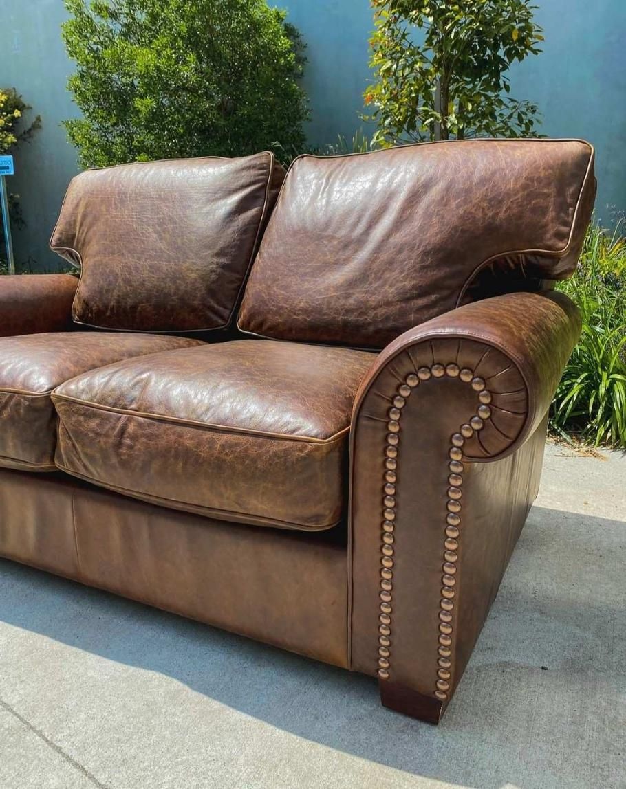 Brown Leather Sofa With Rolled Arms, Tufted Detail — McCormick Upholstery In Coolum Beach, QLD