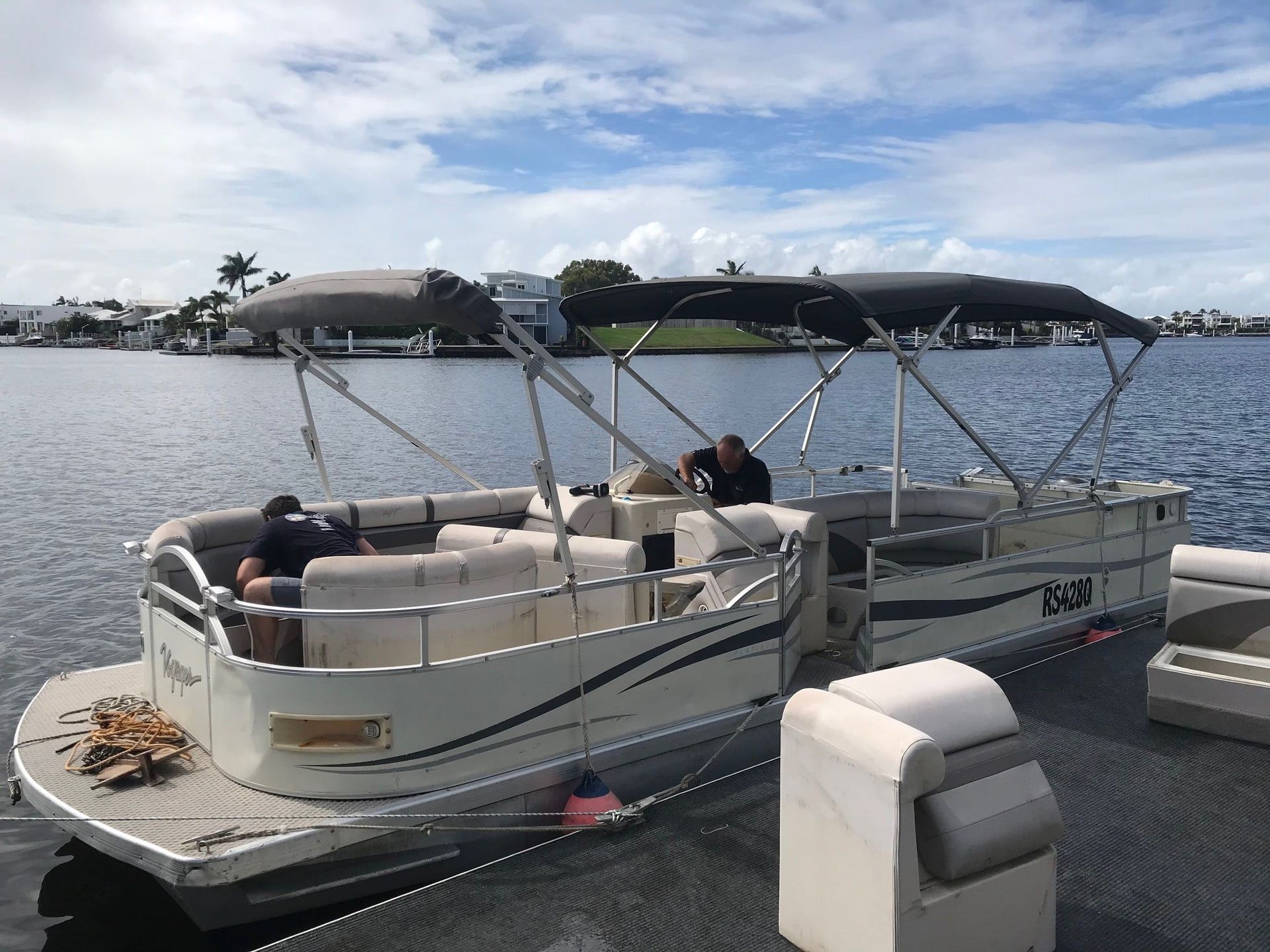 U-Shaped White and Gray Cushioned Seating on a Pontoon Boat — McCormick Upholstery In Coolum Beach, QLD
