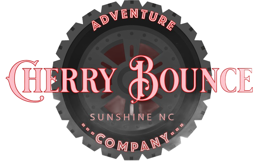 Logo for Cherry Bounce Adventure Company: Red text on a gear-shaped backgroun