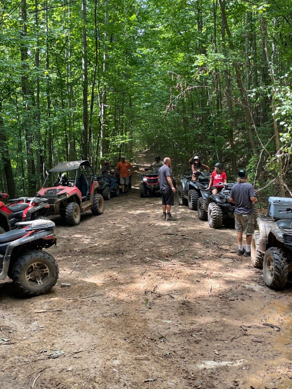 ATVs parked on a muddy trail in a forest, people standing near them, trees overhead.