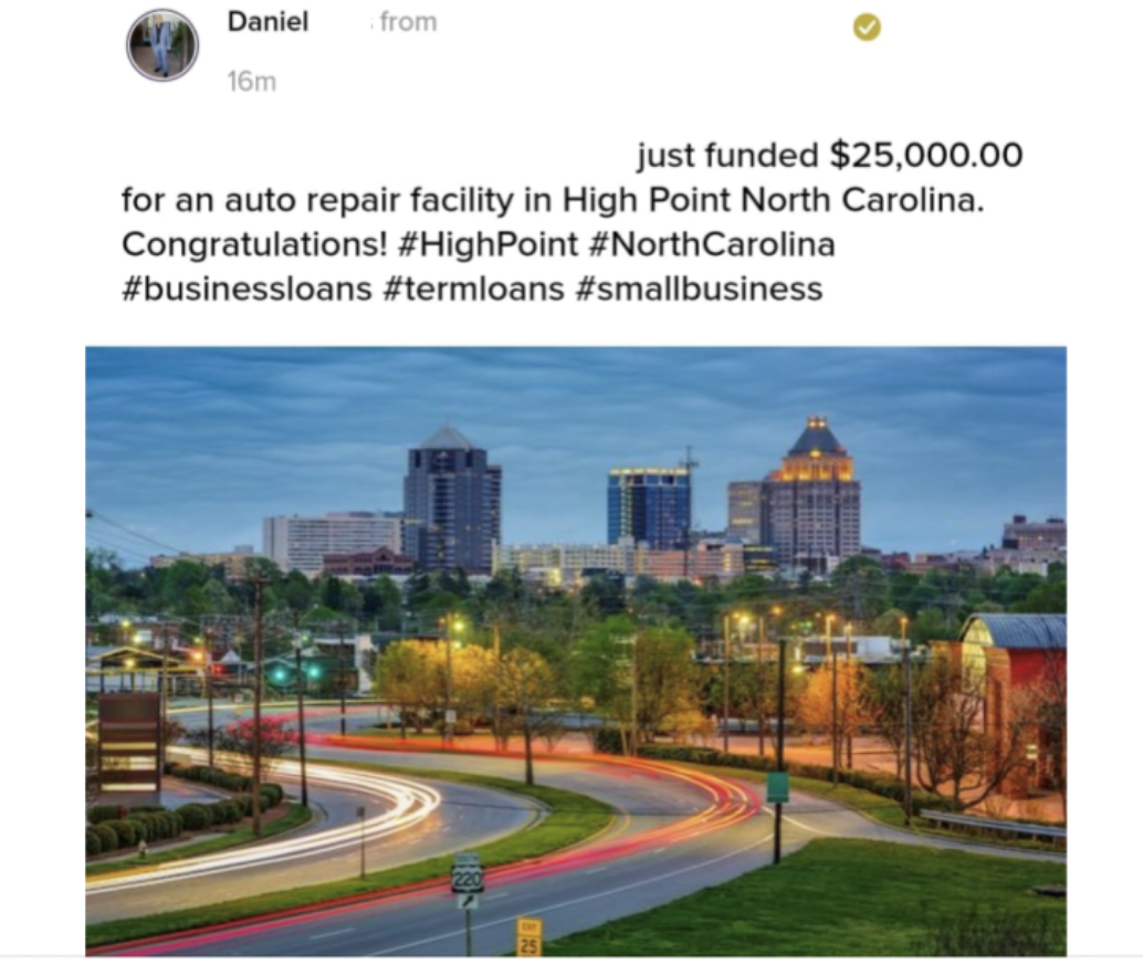 Tweet announcing a $25,000 business loan for an auto repair shop in High Point, North Carolina, with a cityscape photo.