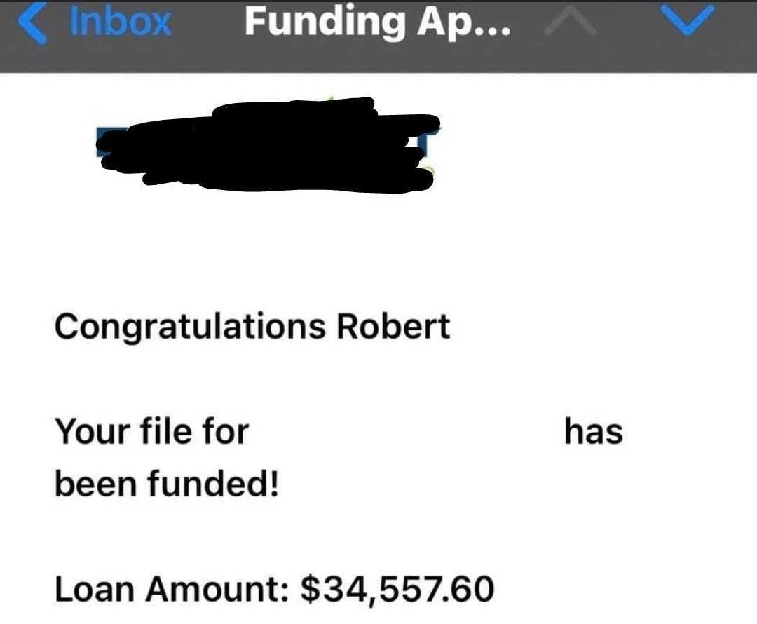 Email congratulating Robert; his loan of $34,557.60 has been funded.