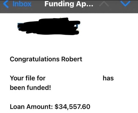Email congratulating Robert; his loan of $34,557.60 has been funded.