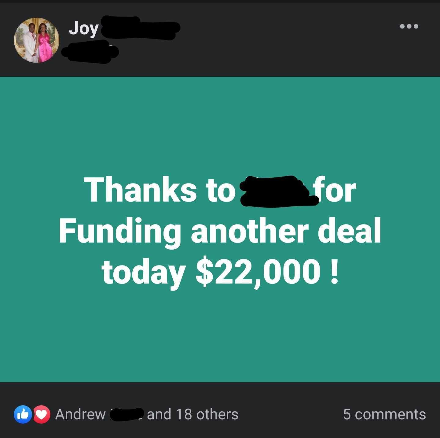 Social media post: Joy thanks someone for funding a $22,000 deal. Turquoise background.