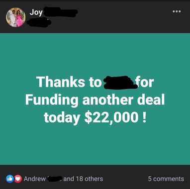 Social media post: Joy thanks someone for funding a $22,000 deal. Turquoise background.