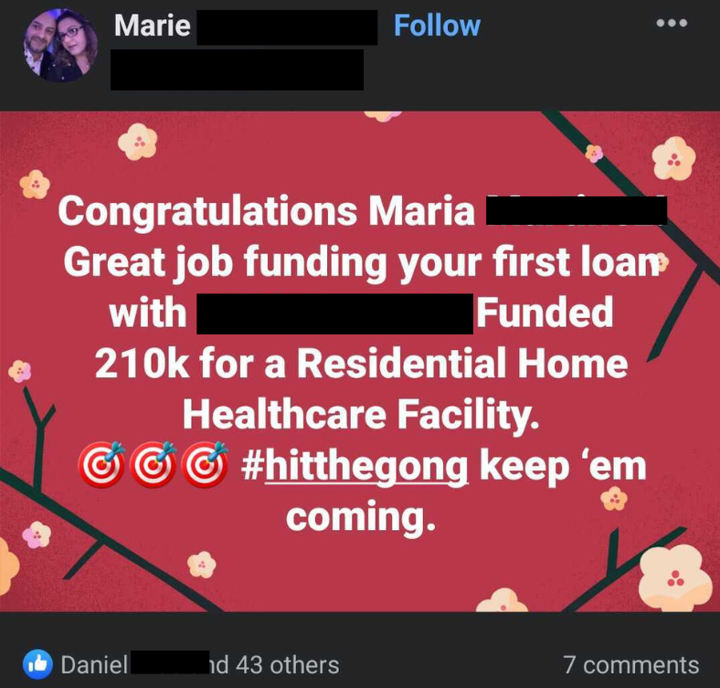 Facebook post congratulating Maria on securing a $210K loan for a healthcare facility; red background, target emojis.