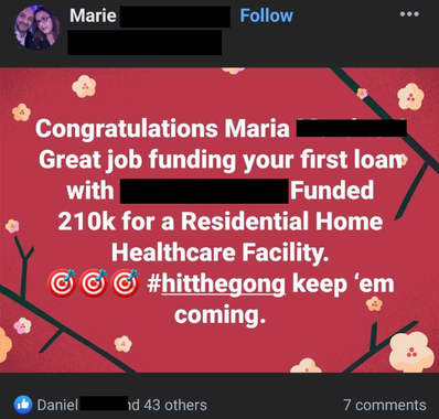 Facebook post congratulating Maria on securing a $210K loan for a healthcare facility; red background, target emojis.