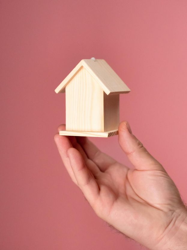 Hand holding a small wooden house against a pink background.
