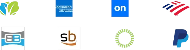 Logos for various companies including American Express, PayPal, and Bank of America.