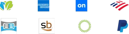 Logos for various companies including American Express, PayPal, and Bank of America.