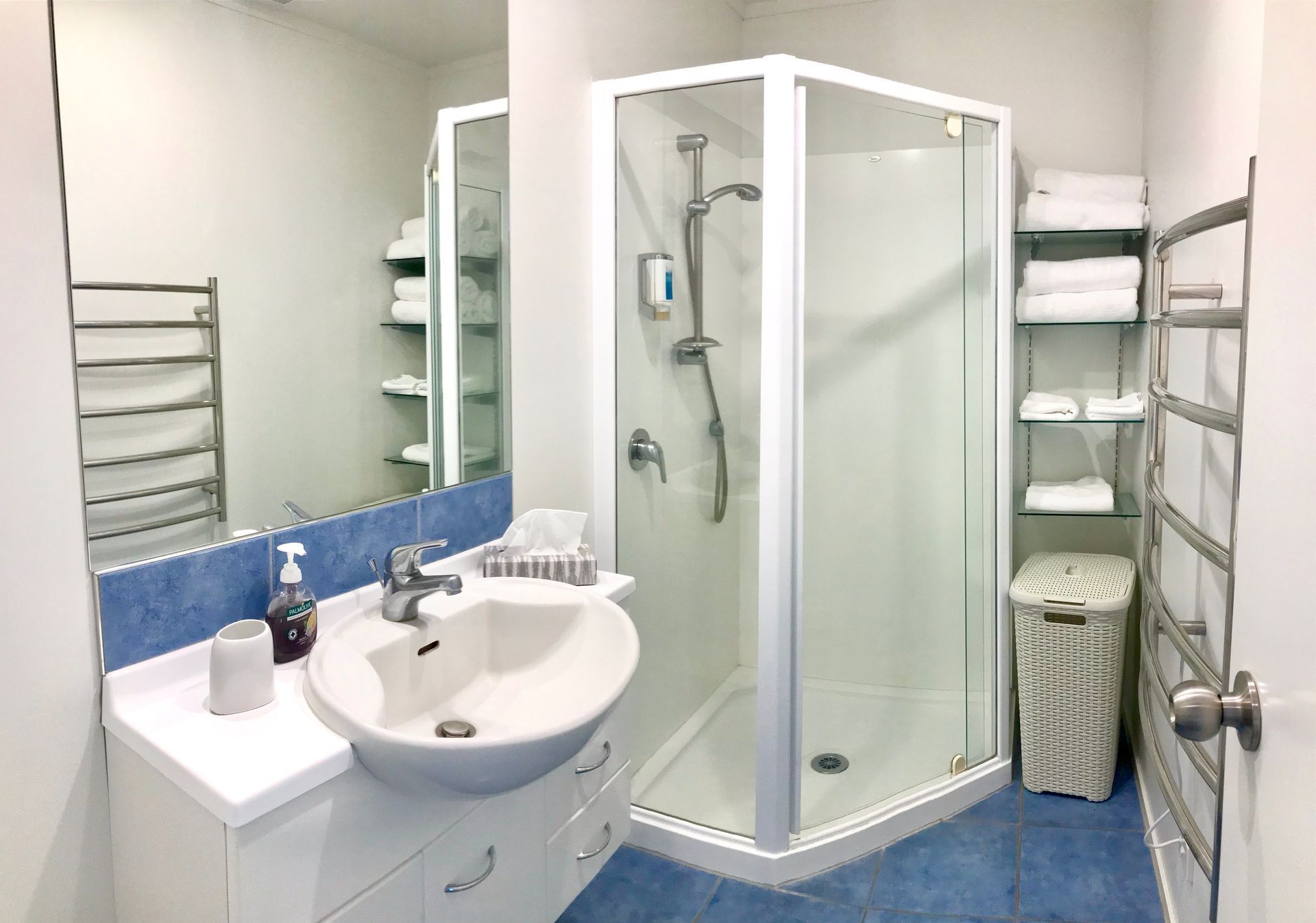 Accessible bathroom with sink, mirror, shower stall, grab bars, and blue floor