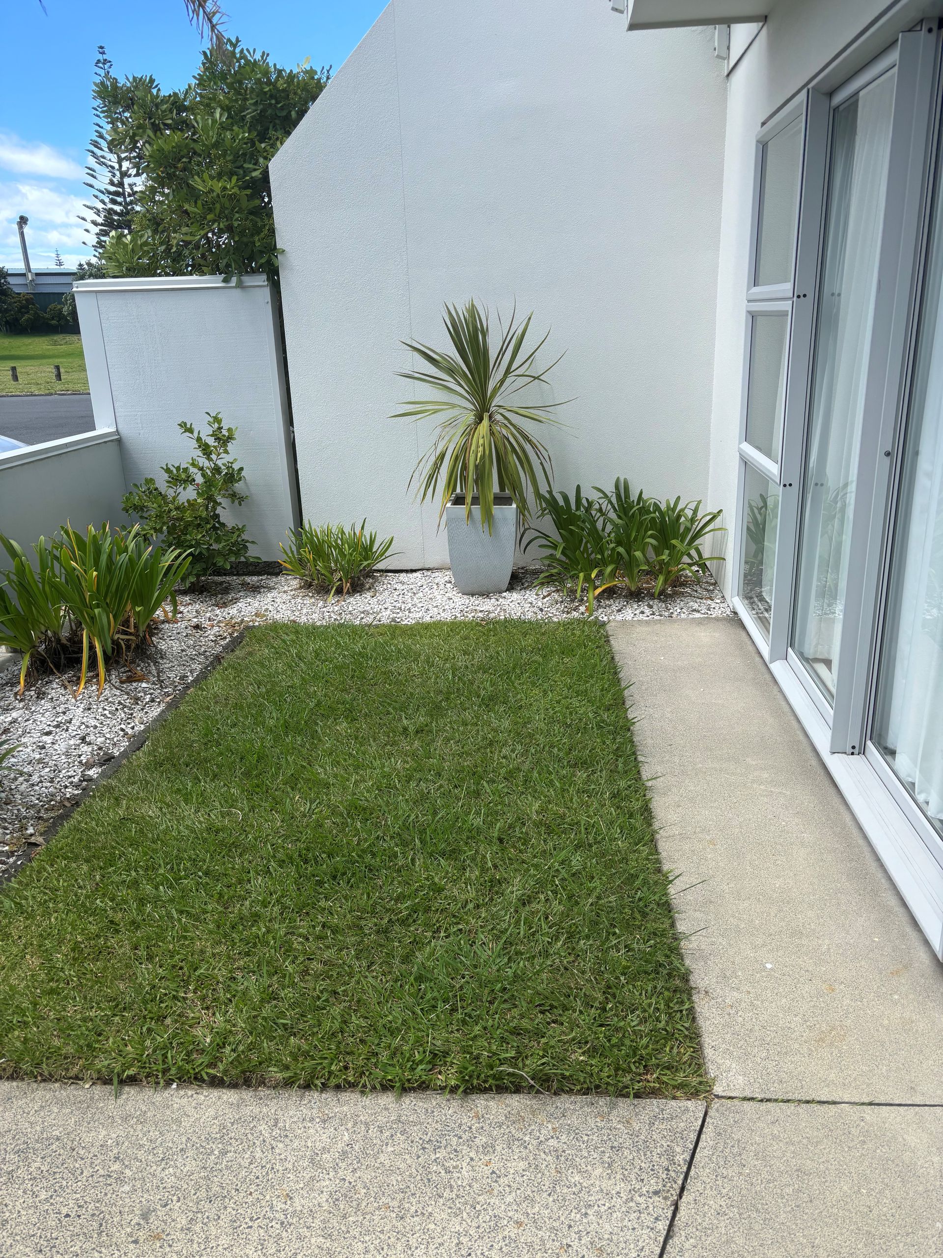 A small patch of green lawn surrounded by white gravel, a potted plant, and a patio area next to a white house wall.