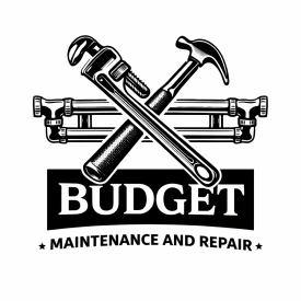 Logo for "Budget Maintenance and Repair" with crossed wrench and hammer over pipes.