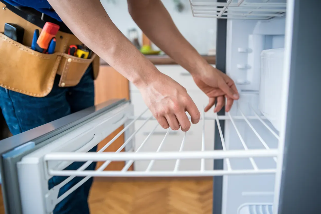A man is fixing a refrigerator in a kitchen.