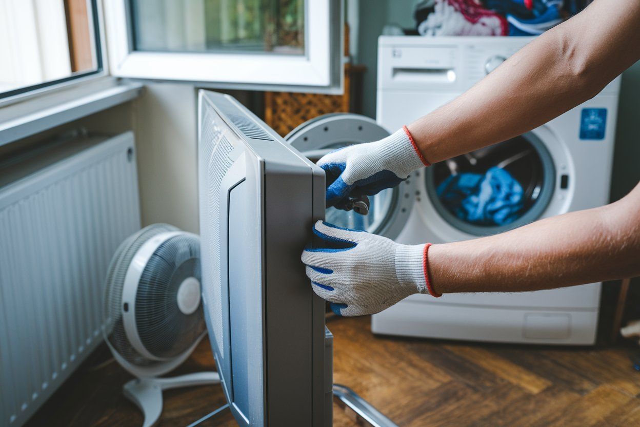 A man is fixing a television in a laundry room.