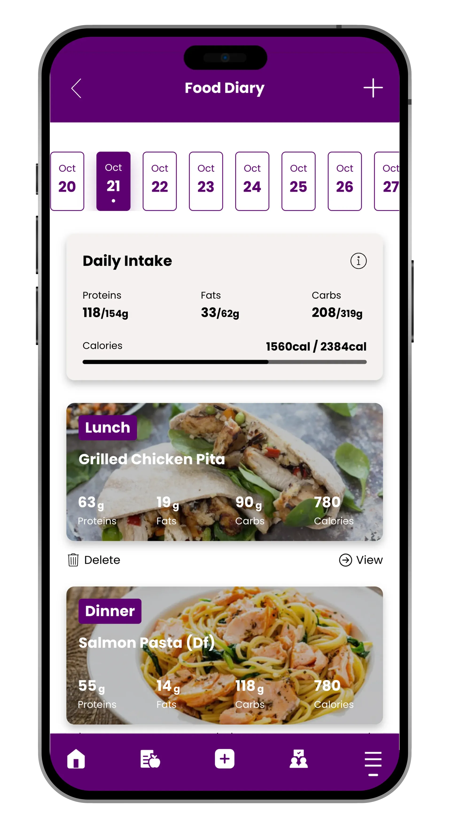Smartphone app: food diary displays daily intake and meal logs with photos of a sandwich and pasta.