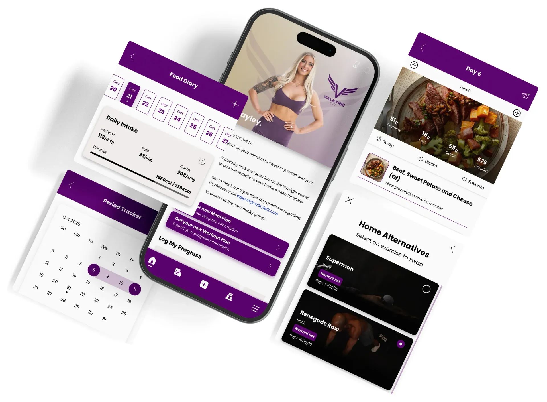 Mobile app interface showcasing fitness and healthy eating content, purple and white.