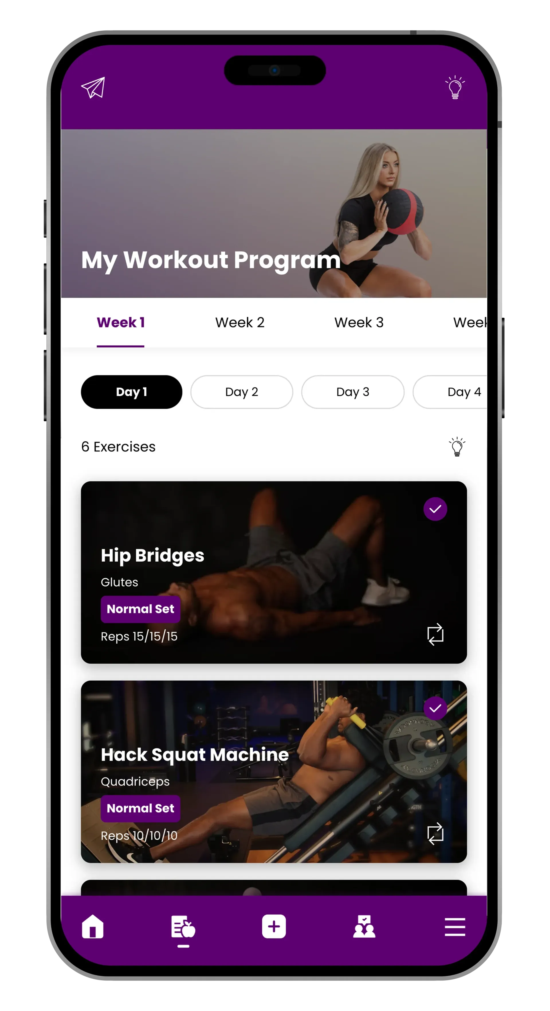 Mobile app displaying a workout program with exercise options and a woman with a medicine ball in the background.