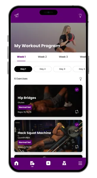 Mobile app displaying a workout program with exercise options and a woman with a medicine ball in the background.