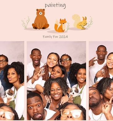 Family photo booth strip with a smiling group posing. Cartoon animals and