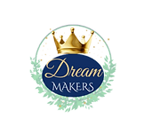 Logo for Dream Makers: Gold crown above blue oval with script text, surrounded by teal foliage.