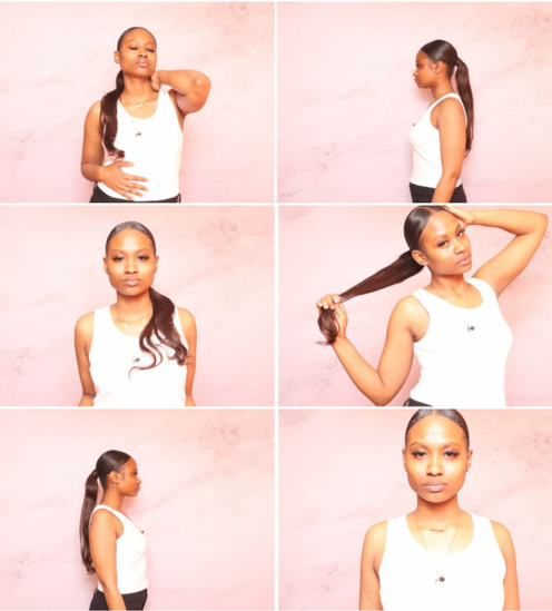 Woman with dark hair in a low ponytail, wearing a white tank top, poses in front of a pink backdrop.