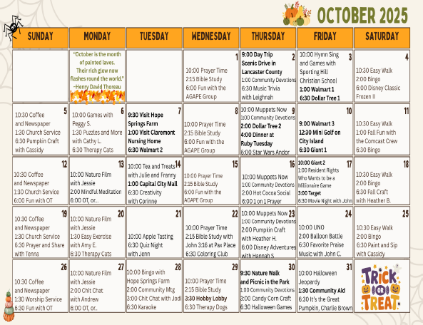 October Calendar - 2025 - Paxton Ministries
