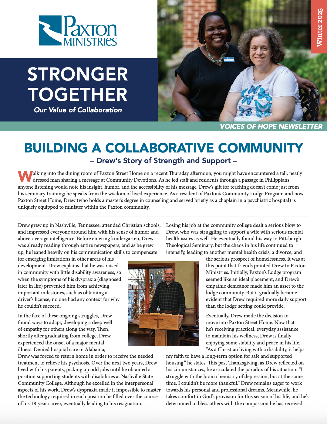 Newsletter cover with two women smiling, text 