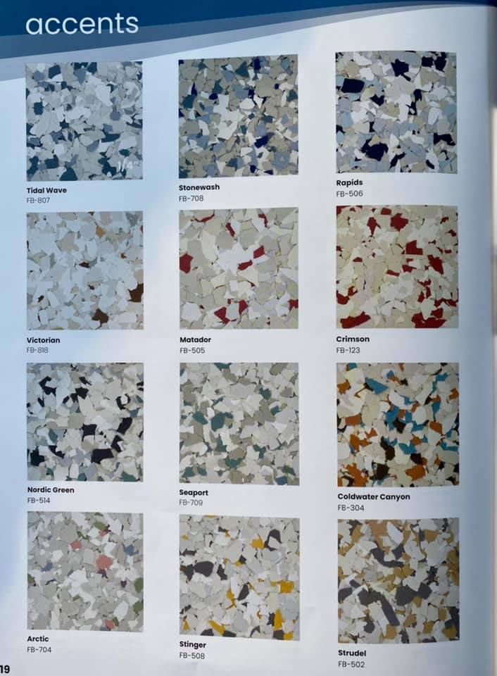 A catalog page showcasing twelve diverse, multi-colored speckled flooring material samples arranged in a grid.