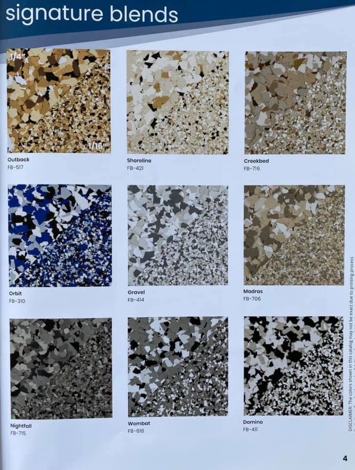 A product catalog page showing nine color swatches of decorative epoxy floor flake blends arranged in a grid.