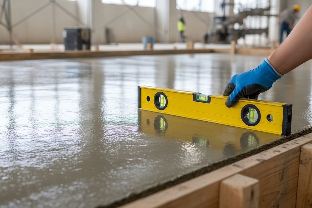A person in a blue glove uses a yellow spirit level to check the flatness of freshly poured wet concrete on a job site.