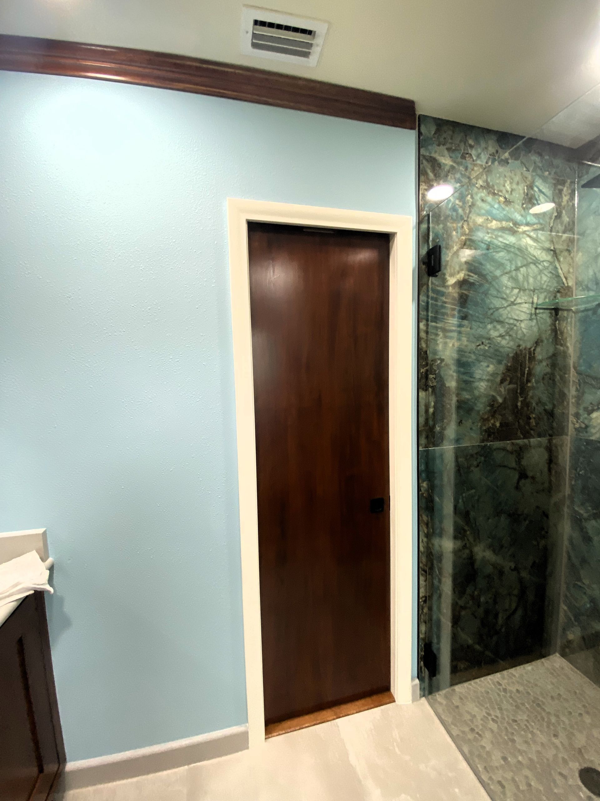 Bathroom with light blue wall, dark wooden door, and marble shower.