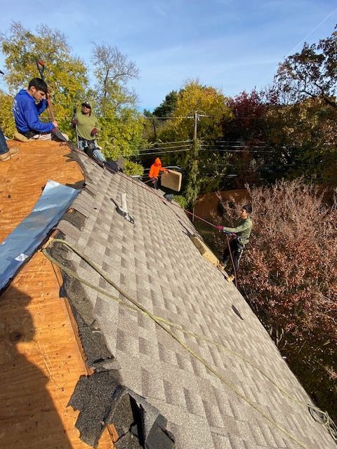 Roofers repairing a shingled roof on a sunny day. Workers in blue and green clothing.