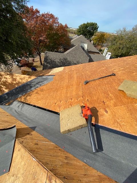 Rooftop with exposed plywood and underlayment, tools, and a view of other houses and fall foliage in the background.