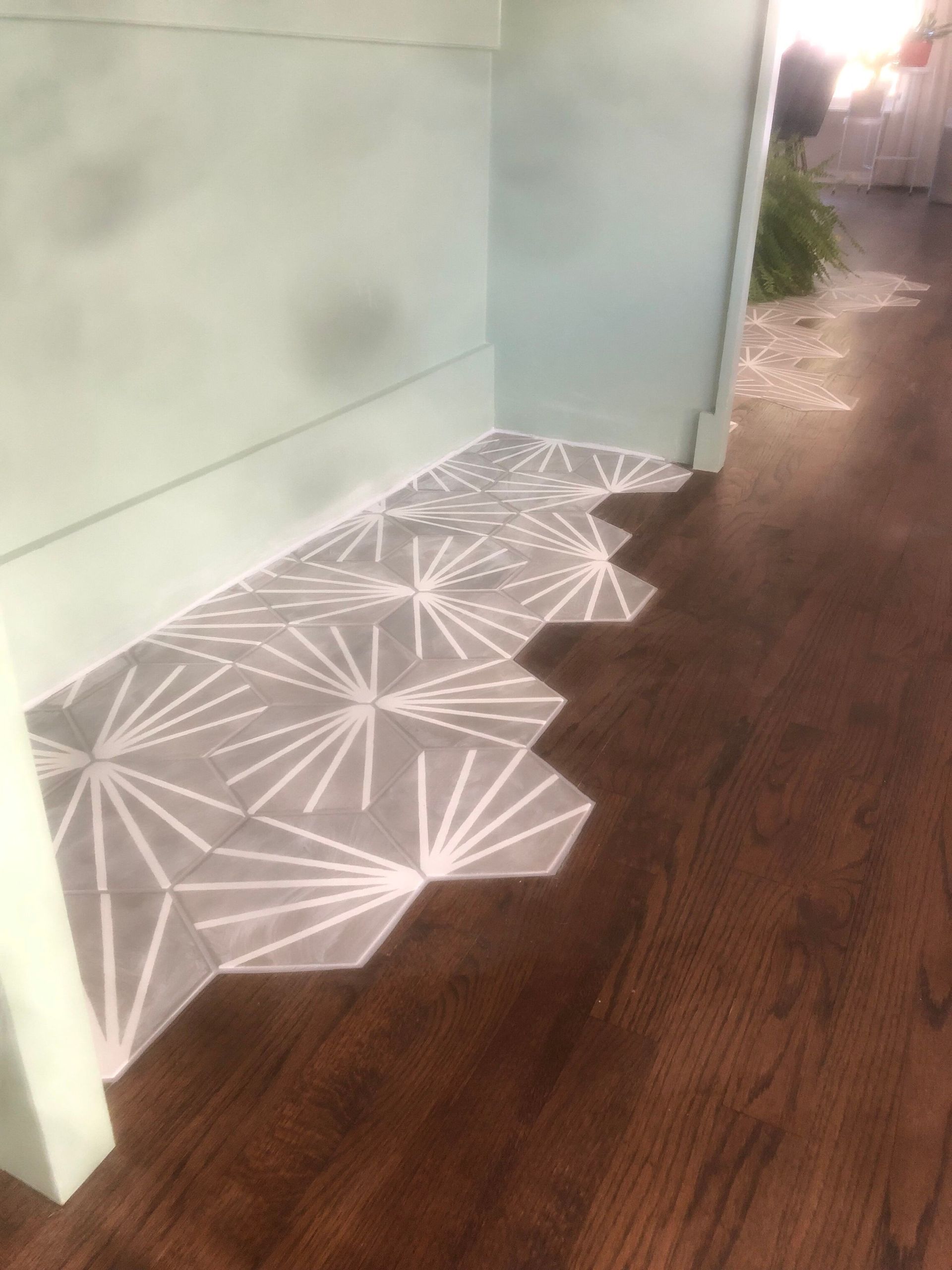 Hexagon patterned tile floor meets dark wood flooring; light blue walls frame the area.