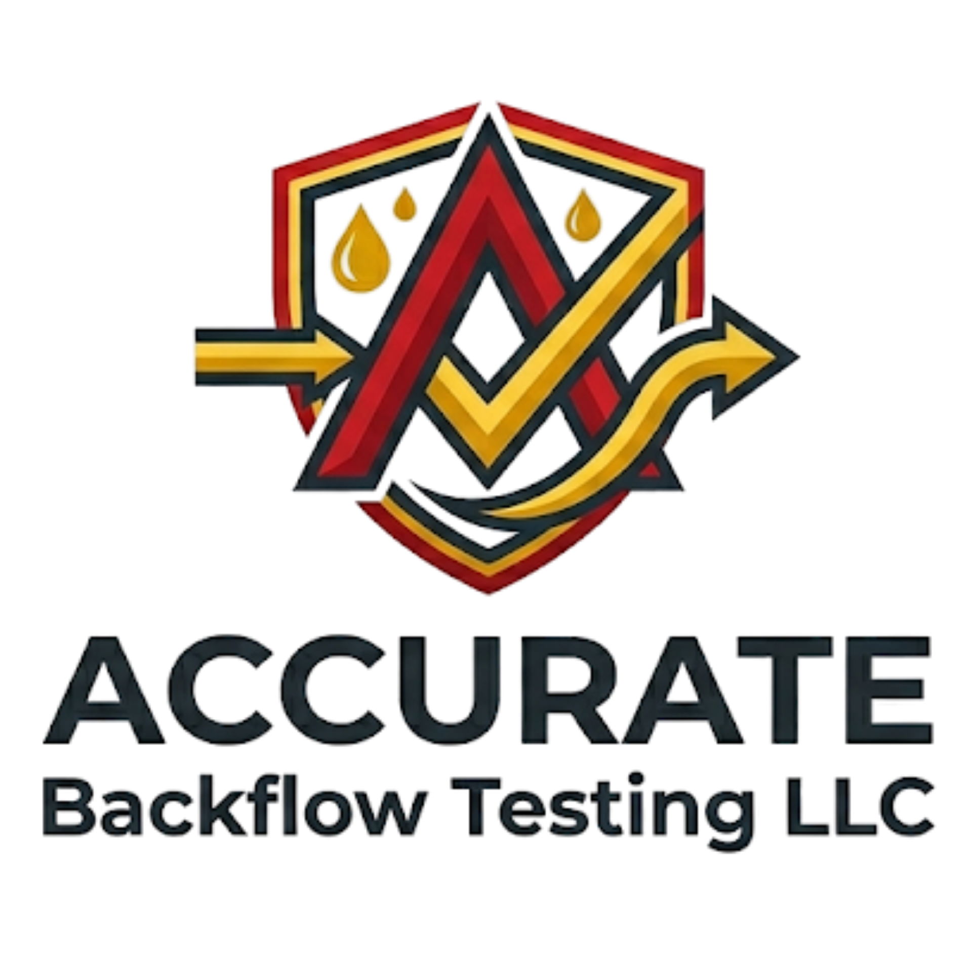 Logo for Accurate Backflow Testing LLC featuring a shield icon with a stylized letter A, water droplets, and gold arrows.