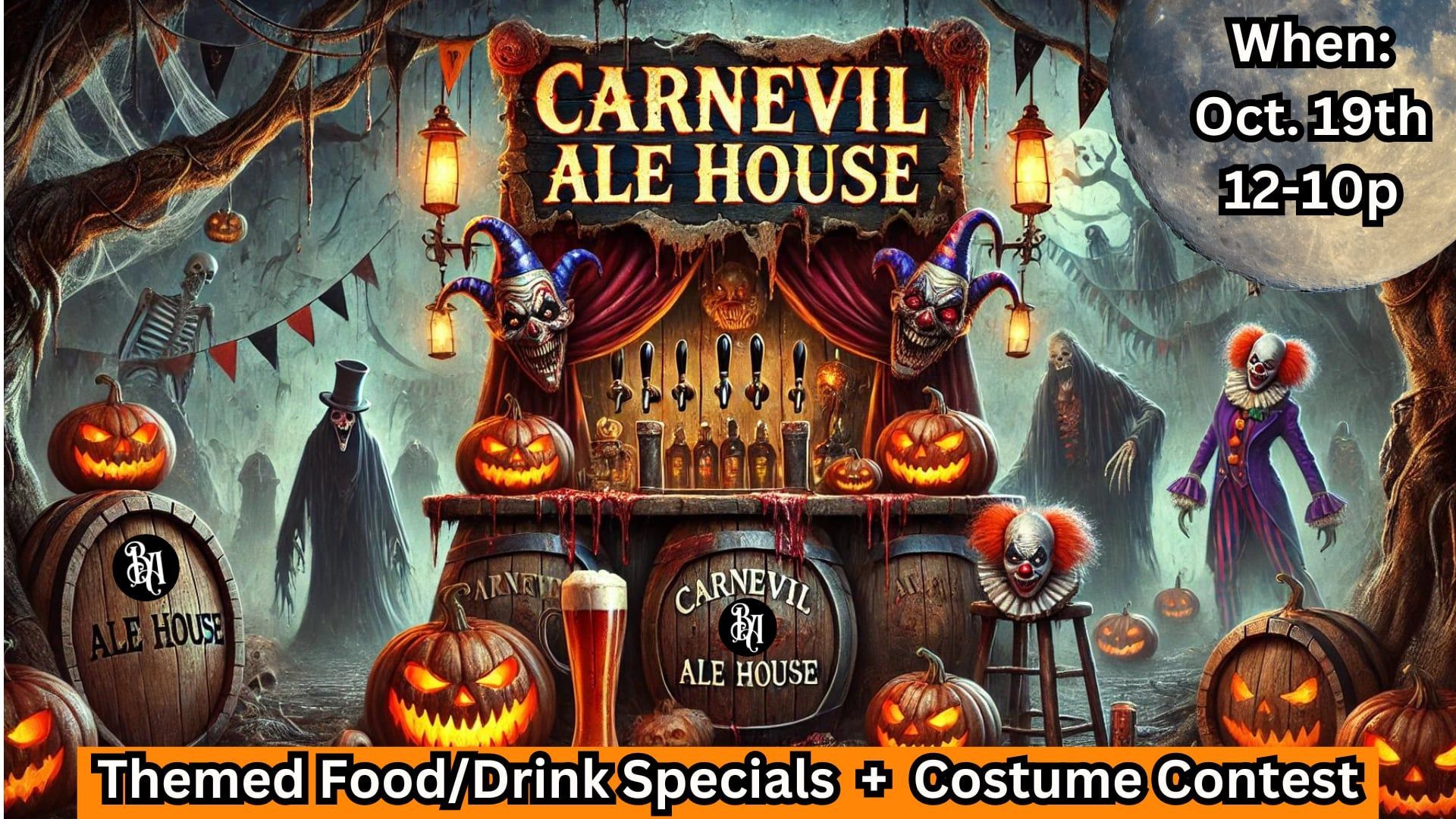 A poster for carnevil ale house with pumpkins and clowns